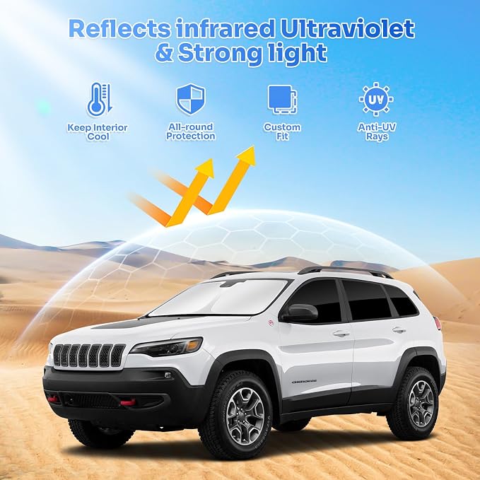 Canvcle Sunshades for Jeep Cherokee 2014-2023 (Not for Jeep Grand Cherokee) Windshield Sun Shade Side Rear Window Shade Cover Sun Visor Shield Privacy Protection Keep Vehicle Cool Black 8PCS - Image 2
