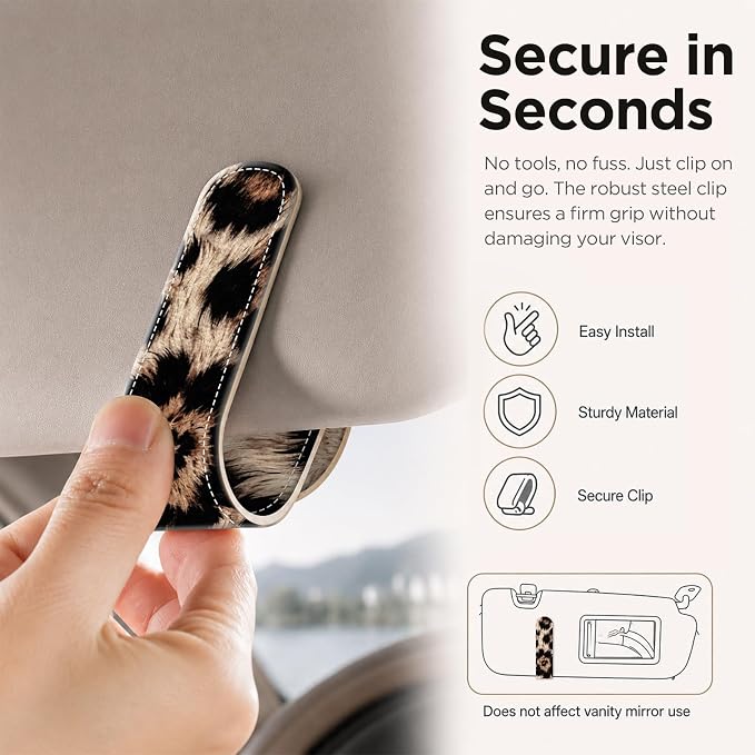 Sunglasses Holder for Car Visor, PU Leather Glasses Clip Organizer, Cute Magnetic Eyeglass Holder for Vehicle Sun Visor, Car Interior Accessory for Women & Men, Leopard Classic - Image 4