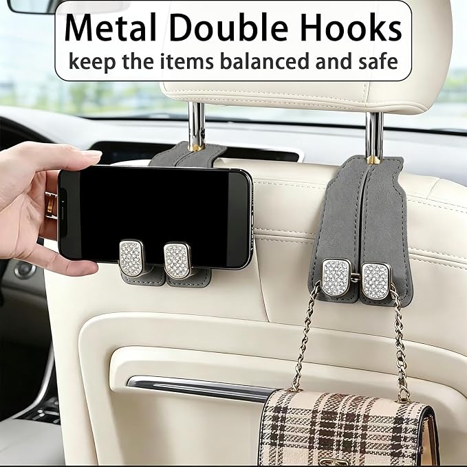Car Hooks for Headrest: 2Pc Car Seat Back Storage Headrest Hook - Premium Leather Double Metal Hook - Purse Hook For Car Headrest - Car Headrest Hooks for Purses, Handbags, Bags - Grey Diamond - Image 4