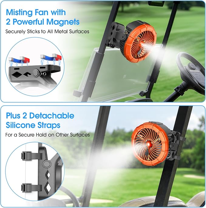 Ausic Misting Golf Cart Fans, Portable Magnetic Cruise Fan with Mist, [Max 45H Runtime] Outdoor Clip on Fan, Camping Stroller Fan with LED/Cooling Spray, Battery Rechargeable Fan for Travel/Beach - Image 2