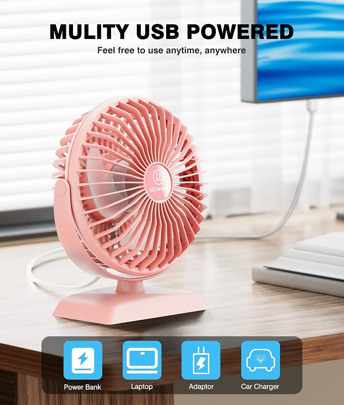 JZCreater USB Desk Fan, USB Fans Mini, 360 Rotation Desktop FanS with 3 Speed, Table Personal Cooling Fan, Quiet Mini Desk Fan, USB Powered, Small Fan for Home Office Bedroom Car Travel, Pink - Image 5