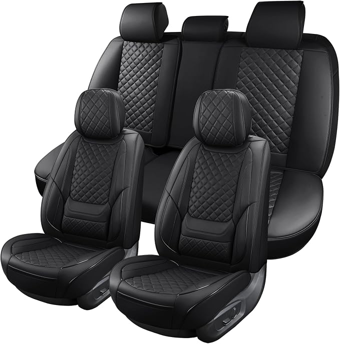Leather Car Seat Covers Full Set Automotive Seat Protectors | Breathable Waterproof Durable Full Surround & Lumbar Support Design Non-Slip Universal Fit for Most Cars SUV Trucks Van Black - Image 2