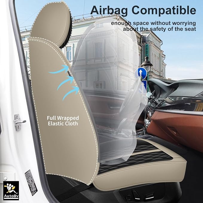 IKABEVEM Car Seat Covers Fit for Mazda CX-7 2007-2012 Full Set | Waterproof Faux Leather, Airbag Compatible, Easy Install & Wipe Car Seat Protector,5 Seats Covers Fit for CX-7, Beige&Black - Image 4