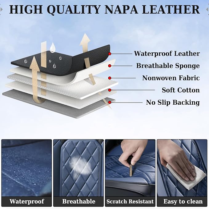 Coverado Car Seat Covers Full Set, Luxury Faux Leather Waterproof Seat Cover, Black and Blue Car Seat Covers, Car Seat Protector, Automotive Seat Covers Universal Fit for Most Cars, Black&Blue - Image 8