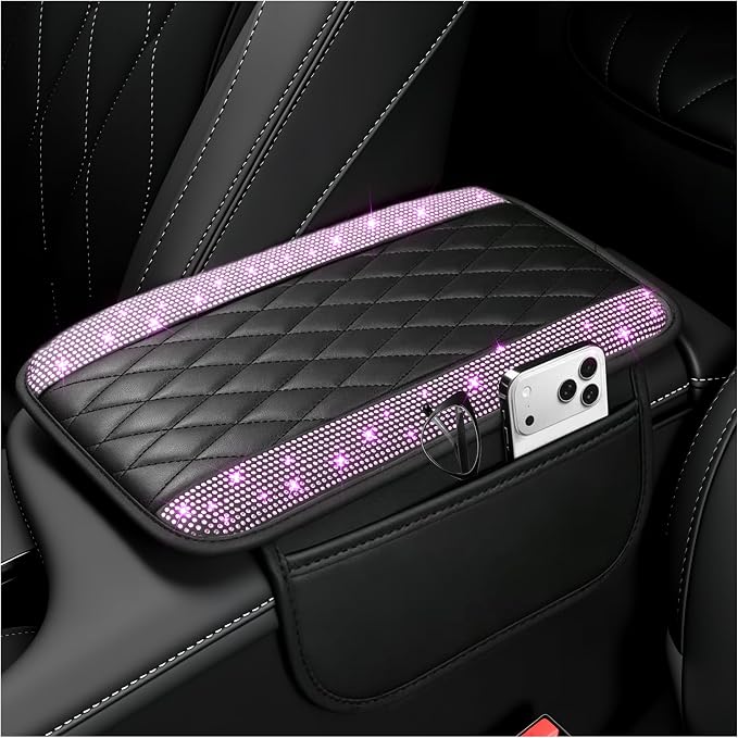Stacool Upgraded Car Center Console Cover with Rhinestones,Microfiber Leather Car Armrest Cover Cushion with 2 Storage Bags,Universal Cars Armrest Storage Box as Cars Interior Accessories by Unknown