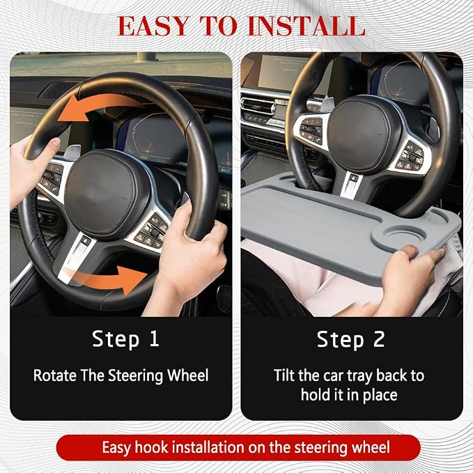 2 in 1 Car Steering Wheel Desk, Car Tray, Car Steering Wheel Desk Tray & Auto Seat Gap Filler Organizer, Multipurpose Travel Auto Steering Wheel Under Table Console for Most Vehicles (Grey) - Image 5