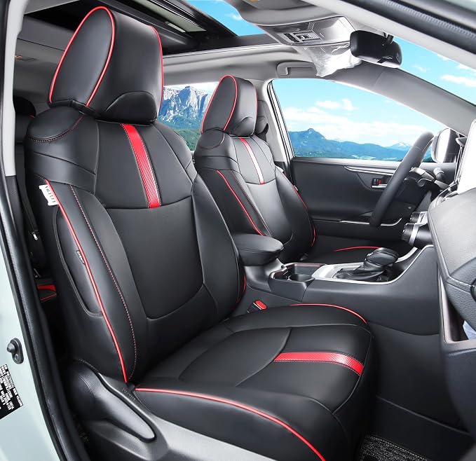 Custom Fit RAV4 (for Hybrid) Seat Covers Full Set for Toyota RAV4 Hybrid 2019 2020 2021 2022 2023 2024 2025 with Waterproof Faux Leather (Black with Red Trim, LU01-Hybrid) by Unknown