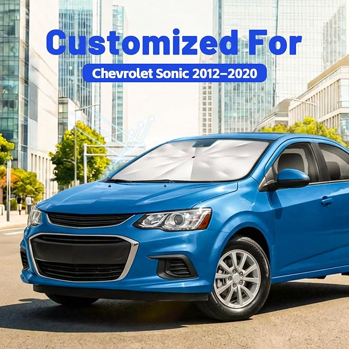 Car Windshield Sun Shade Umbrella for Chevrolet Sonic 2012-2020, 1:1 Fit | [Reflective Coated Fabric] Car Shades Sun Visor Keep Car Cool and Protects Interior, Sunshade Umbrella for Front Window - Image 2