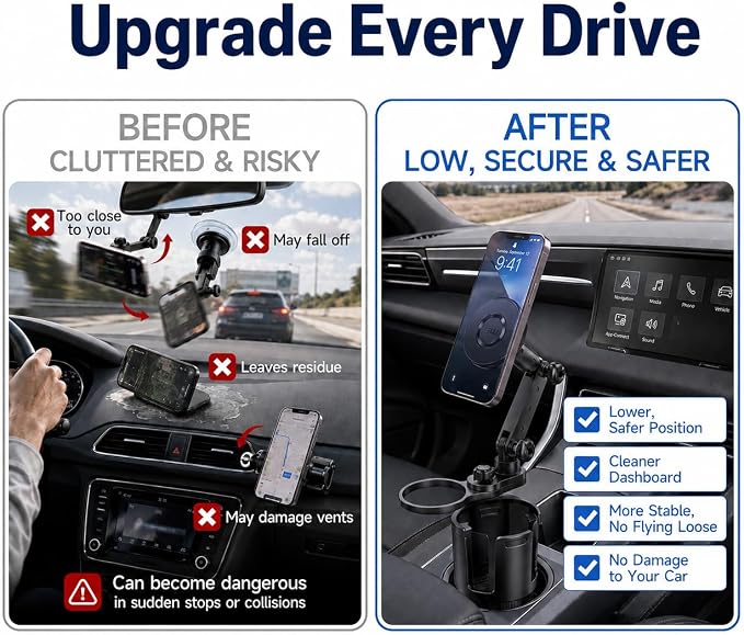 Magnetic Cup Holder Phone Mount for Car, Dual Cup Holder Adjustable Arm | 2-in-1 phone mount & cup expander, cleaner car, no interior damage, no suction, no adhesive, no vent clip, safer no-drop hold - Image 2