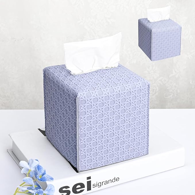 HOMOTEK 2 Pack Tissue Box Cover, Square PU Leather Tissue Holder, Decorative Facial Tissue Cube Paper Organizer Dispenser for Bathroom, Night Stands, Desk, Car 5X5X5'' - Rattan Weave,Lavenderpurple by HOMOTEK