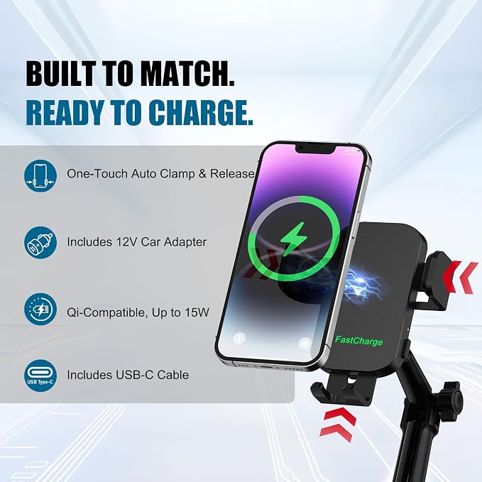 2 in 1 Auto-Clamping Cup Phone Holder for Car, 15W Fast Wireless Charging Cup Holder Phone Mount with USB-C Cable and 12V Car Adapter, Adjustable Car Cup Expander for Large Bottles - Image 3