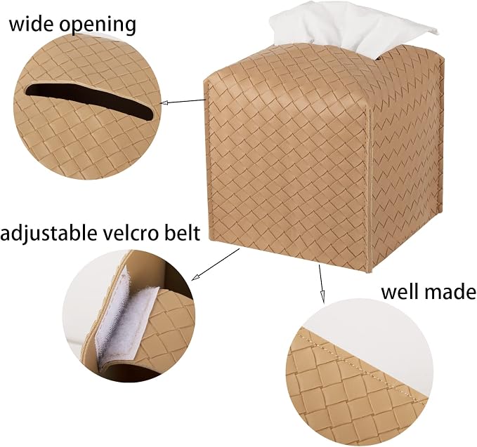 zoocatia Tissue Box Cover PU Leather Tissue Holder Square Facial Tissue Case Facial Paper Organizer Dispenser for Bathroom, Vanity Countertop, Tabletop, Car, Khaki | PU Leather，Easy to Fill, Easy Clean, Decorative Cube Tissue Box Holder for Office, Bat... - Image 4