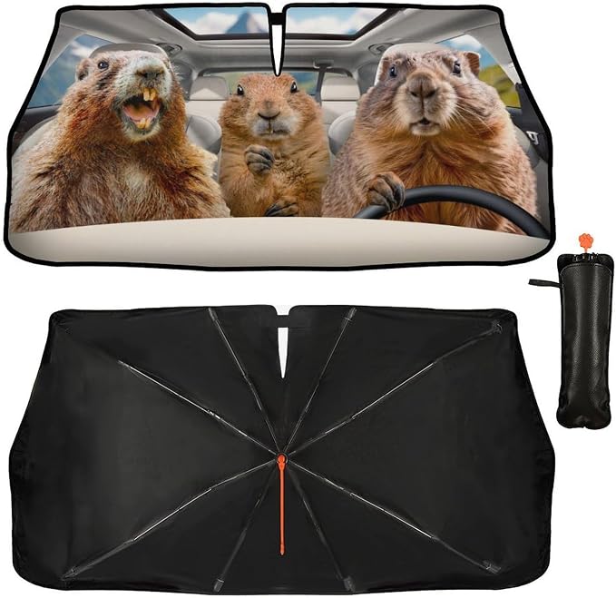 Funny Groundhog Car Windshield Sun Shade Umbrella Bendable Handle Foldable Animal Print Sunshade for Car Windshield Block UV Rays Keep Vehicle Cool for Most Sedans SUV Trucks Cars 57"x30" by DOPINDU