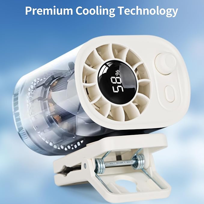 EVADA Car Clip On Fan with LED Display, 360° Rotating, 100 Speed Adjustable, Portable USB Rechargeable 1800mAh Battery Personal Cooling Mini Fan Handheld for Summer, Office, Outdoor, Travel - White - Image 4