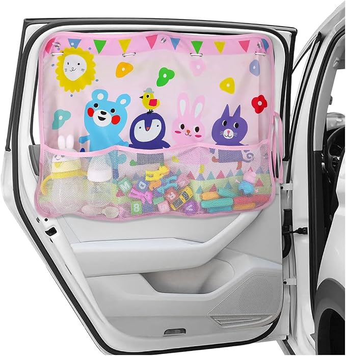 GLSOWEE Car Window Shade for Baby, Blackout Car Window Curtain, Animals | Storage Pockets & 7 Suction Cups, Cartoon Pattern Car Side Window Sun Shade Cover for Sun/Heat/UV Rays Protection, Pink by GLSOWEE