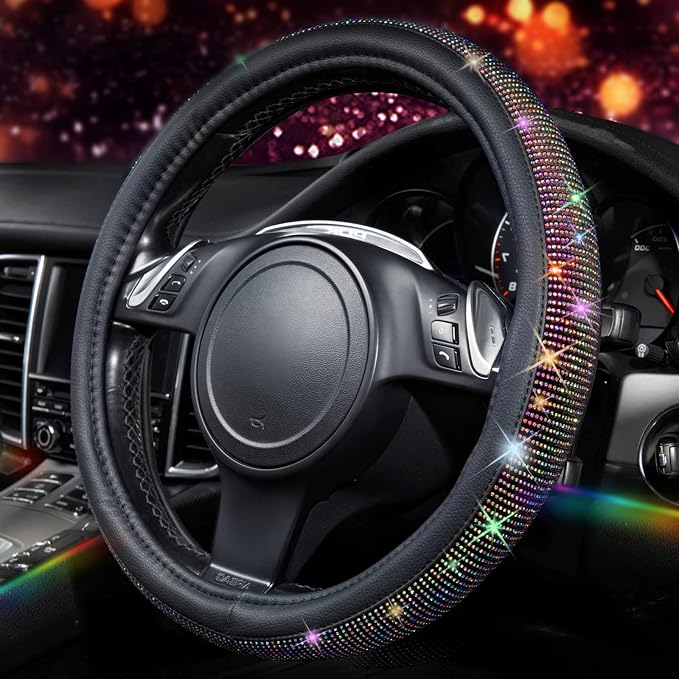CAR PASS Diamond Leather Steering Wheel Cover, with Bling Crystal Rhinestones Fit Suvs,Vans,Sedans,Cars,Trucks Universal Fit 14.5-15inch Crystal Glitter for Women Sparkle Girl, Multicolor Diamond - Image 6