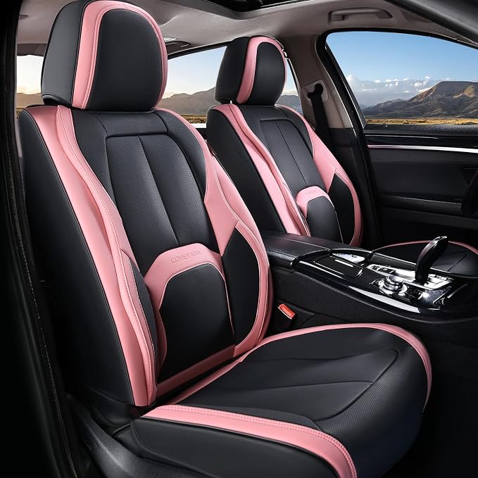 Coverado Seat Covers, Car Seat Covers Front Seats, Nappa Leather Seat Covers for Cars, Waterproof Car Seat Protector with Lumbar Support, Front Seat Covers Universal Fit for Most Cars (Black&Pink) - Image 9
