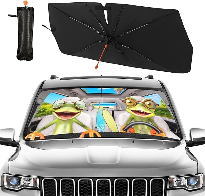CHILL·TEK Funny Animal Car Windshield Sun Shade Umbrella, Frog Driving Car Sun Shade Umbrella, Block UV Rays Heat Foldable Windshield Umbrella Sun Visor Protector - Keep Vehicle Cool for Cars SUV - Image 2