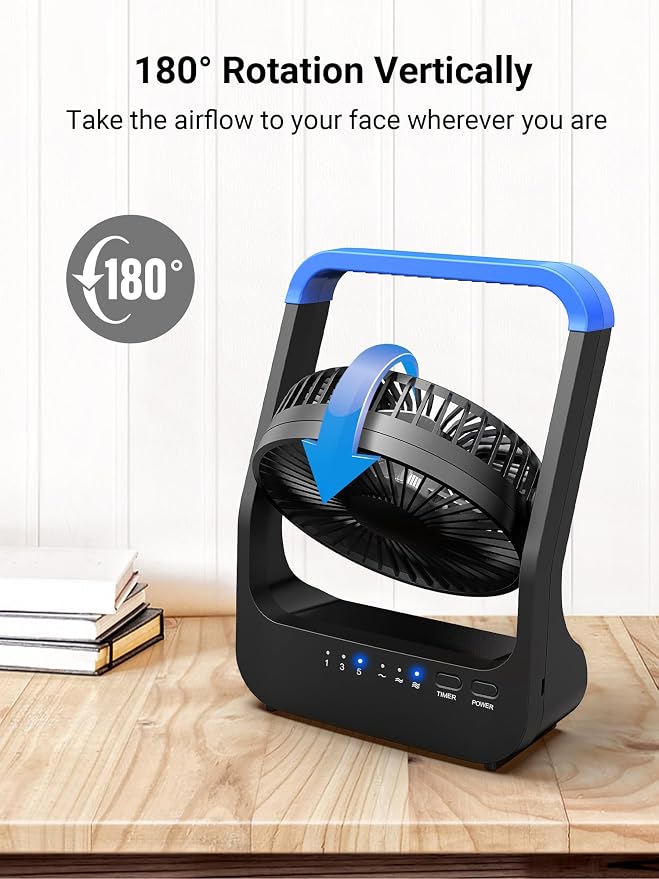 Gazeled Battery Operated Fan, Camping Fan Battery Powered, Super Long Lasting, 5'' Portable D-Cell Battery Powered Desk Fan with Timer, 3 Speeds, Quiet, 180° Rotation, for Office,Bedroom,Outdoor, F24 - Image 5