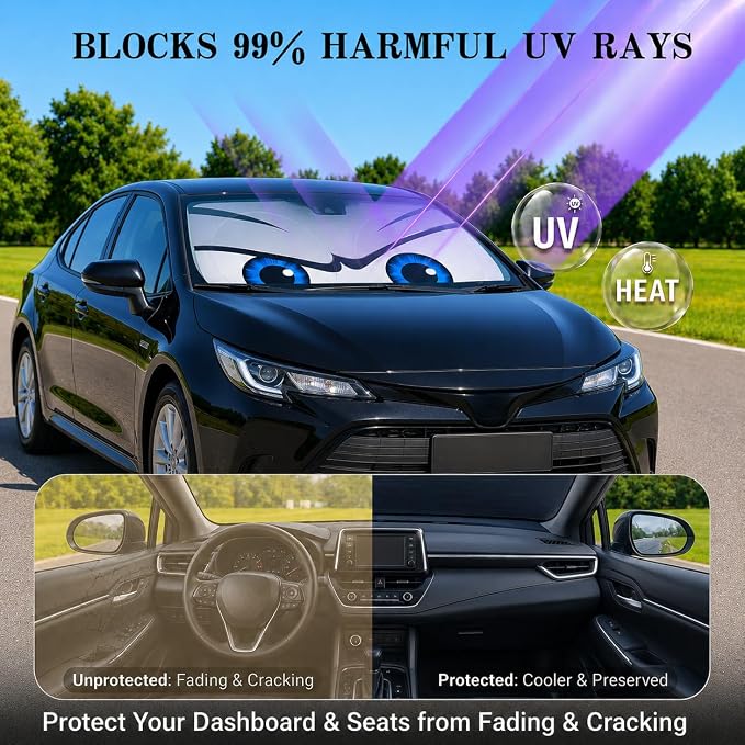 Car Windshield Sun Shade, Universal Fit Compact Sedan SUV, Cool Gray | 57 x 29.5" Car Sun Visor, Foldable Front Window Sunshade, UV Heat Protection, Cute Eyes Series - Image 3