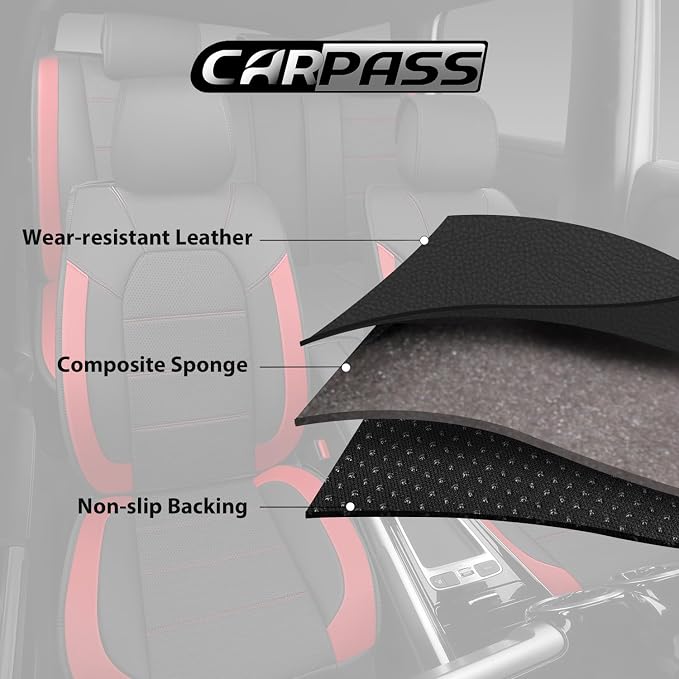CAR PASS 5 Seats Leather Car Seat Covers, Sideless Car Seat Protectors with Storage Pocket, Water Resistance Seat Cover, Universal Fit Most Cars, SUVs, Trucks and Vans (Full Set,Black and Red) - Image 5