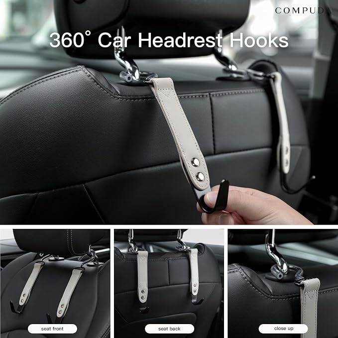 Car Headrest Hook 2 Pack Car Hook Holder Leather Headrest Hooks for Purses and Bags,SUS304 Car Hook (Grey) - Image 4