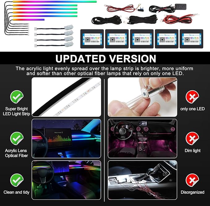 Acrylic Interior Car LED Strip Light with Wireless APP, Dreamcolor RGB 10 in 1 with 175 inches 600 LEDs Fiber Optic Car Ambient Lighting Kits, Dual Zone Sound Active Function LED Strip for Car - Image 6