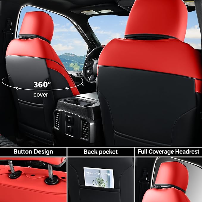 Coverado Chevy Chevrolet Silverado GMC Sierra Seat Covers Full Set, Fit for 2007-2013 & 2019-2026 1500, 2020-2026 2500HD 3500HD Crew Double Extended Cab, Faux Waterproof Leather Seat Covers (Red) - Image 2