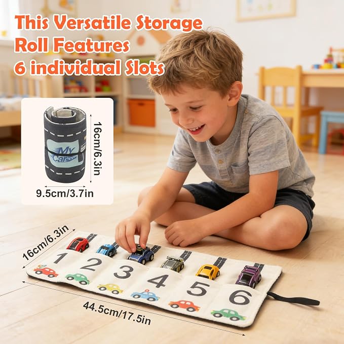 Portable Toy Car Storage Roll and Playmat - Travel Car Carrier Organizer Case for 6 Small Cars - Compatible with Hot Wheels & Matchbox, Toddler Quiet Play Activity Mat for Airplane - Image 2
