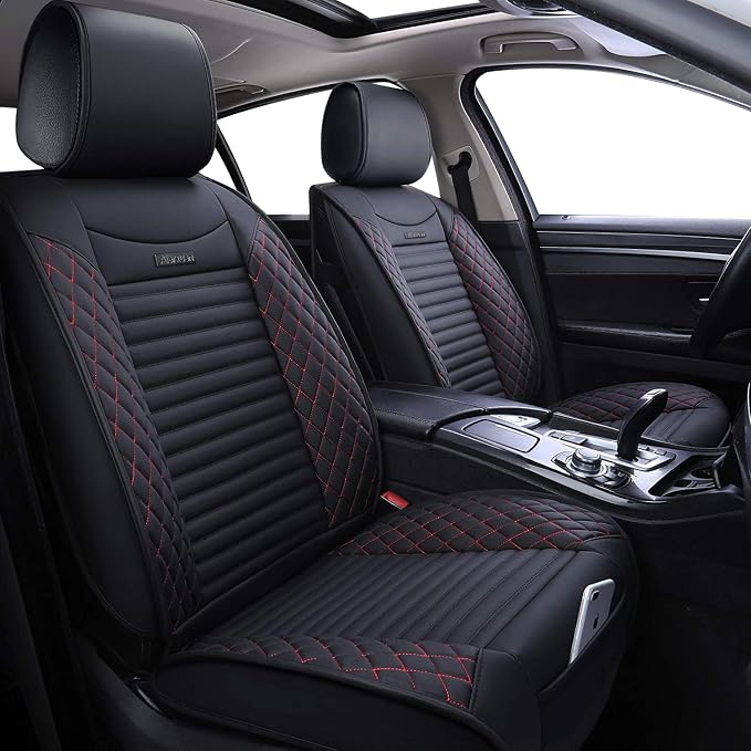 5 Car Seat Covers Full Set Waterproof Leather Universal Fit, Black-Red | Compatible with Toyota Highlander Corolla Acura Honda Civic Accord Jeep Prius Rav4 Altima Optima Ford Forte Mazda by Aierxuan