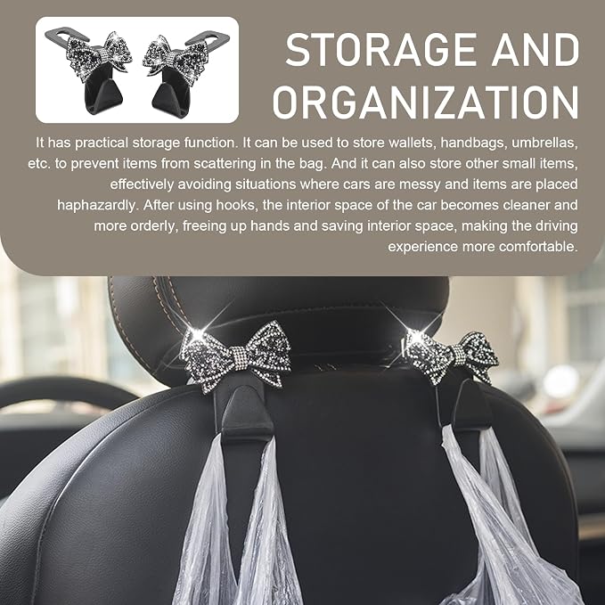 2 PCS Bling Car Seat Headrest Hooks, S Type Crystal Rhinestone Bow Vehicle Seat Back Storage Hooks for Purses Bags Groceries, Universal Diamond Car Rear Seat Organizer (Black) - Image 6