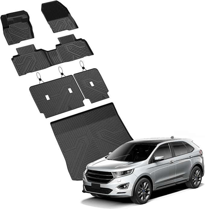 LASFIT Floor Mats for Ford Edge 2015-2024 2Row&Cargo&Seatback | All Weather Protector TPE Car Liners Custom Fit Vehicle Accessories, 1st & 2nd & Trunk Mat Combo Set, 4pcs Black - Image 9