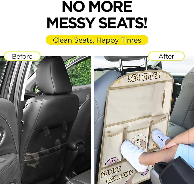 kids Leather Car Backseat Organizer with Foldable Table Tray, Car Storage Organizer with Tablet Holder, Car Seat Back Protectors Kick Mats, Travel Accessories (SEA OTTER) - Image 9