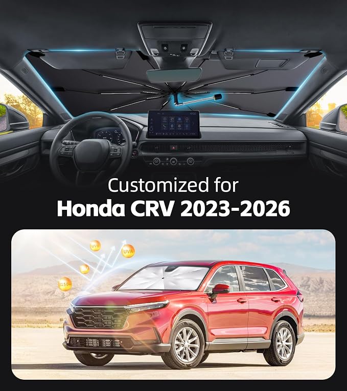 Windshield Sun Shade for Honda CRV 2023-2026 with 360° Rotating Shaft | Custom Fit Umbrella Sunshade for UV Blocking, Interior Heat Protection, Easy Storage, UPF 50+ Cool Windshield Cover - Image 2