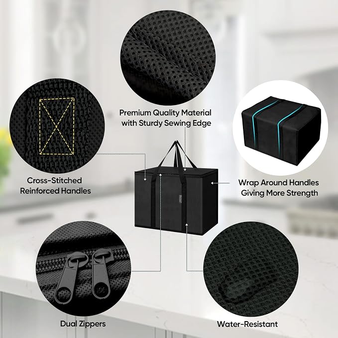 BALEINE 2Pk Insulated Reusable Grocery Bags, Collapsible Cooler Bag for Groceries, Heavy Duty Large Insulated Bag (16''x9''x13'', Charcoal Black) (Pack of 10) - Image 3