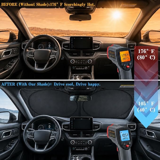 Car Windshield Sun Shade, Universal Fit Full-Size SUV Pickup, Sporty Silver | 63 x 33.86" Large Windshield Cover, Foldable Front Window Sunshade, UV Heat Blocker, Cute Eyes Series - Image 2
