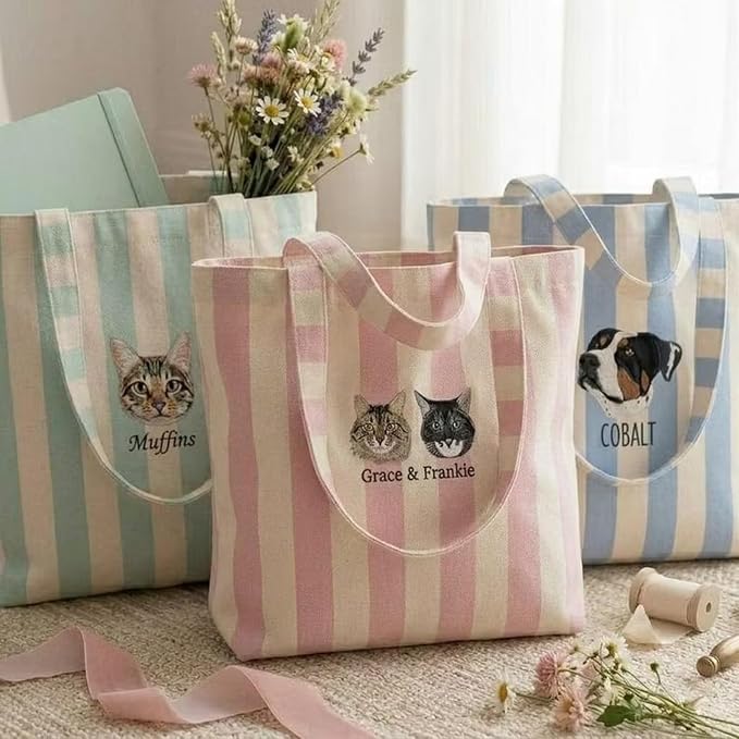 Custom Embroidered Pet Portrait Striped Tote Bag Personalized Dog Cat Mom Gift with Name Large Canvas Beach Shopping Tote for Women Reusable Summer Shoulder Bag - Image 6