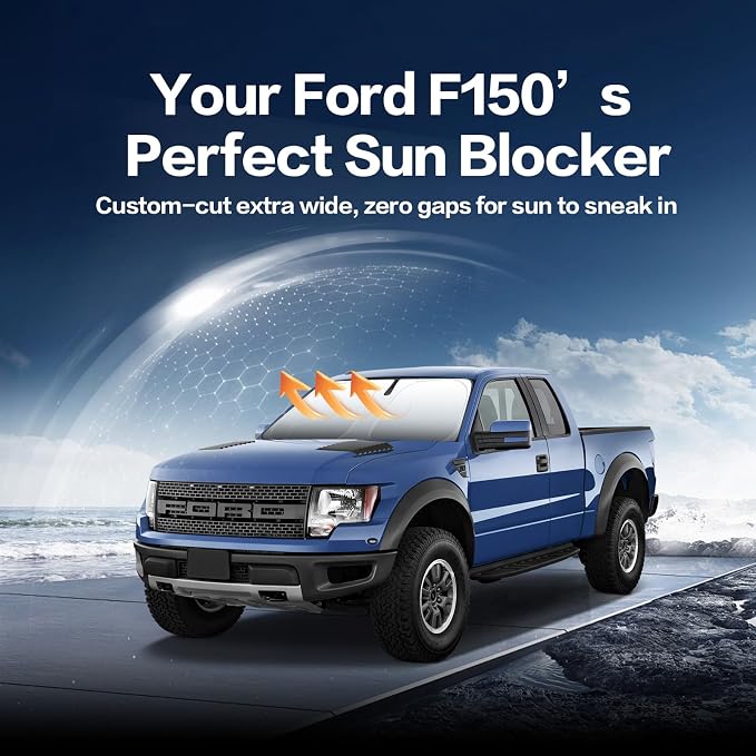 Titanium Silver Windshield Sun Shade for Ford F150 2021-2025 | Ice Blue Reflective Layer, UPF 50+ UV and Heat Blocking, Foldable, Hot-Weather Interior Protection, for Cars, SUVs and Trucks - Image 2