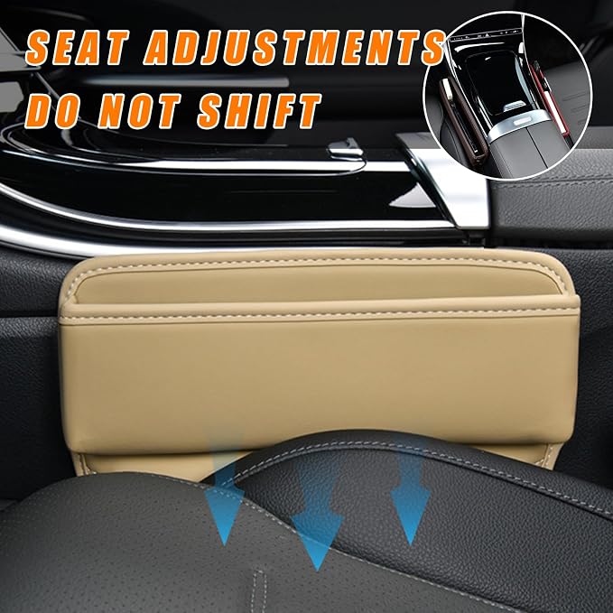 Ziciner Car Seat Gap Organizer, Premium Leather Auto Seat Storage Box, Vehicle Adjustable Front Seat Gap Filler, Car Seat Side Pocket Organizer for Phones, Glasses, Keys, Money, Cards (Beige) - Image 6
