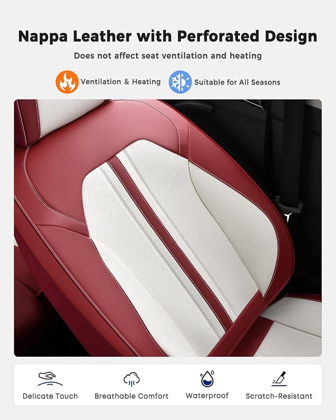 Huidasource Car Seat Cover, Luxury Faux Leather Seat Covers for Cars, Velcro Adjustable, with Airbags, Child Seat, Perforation Cooling＆Heating, Universal Fit for Most Cars Vans Trucks SUVs, Red＆White - Image 6