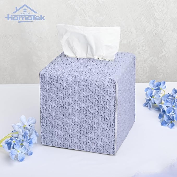 HOMOTEK 2 Pack Tissue Box Cover, Square PU Leather Tissue Holder, Decorative Facial Tissue Cube Paper Organizer Dispenser for Bathroom, Night Stands, Desk, Car 5X5X5'' - Rattan Weave,Lavenderpurple - Image 4