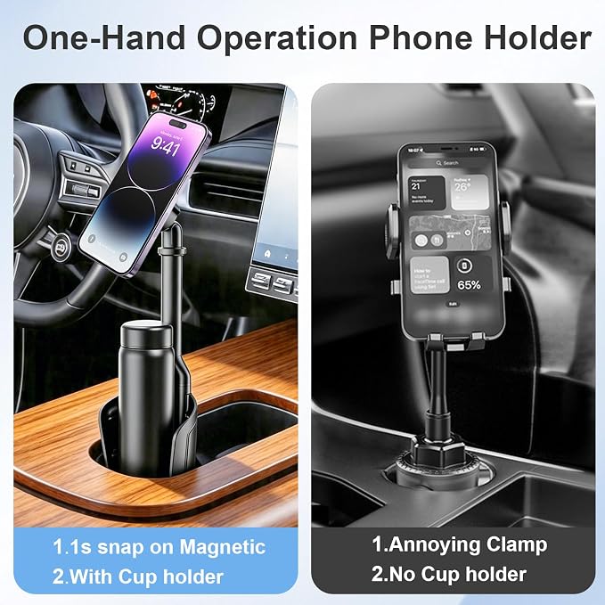 Magnetic Cup Holder Phone Mount for Car, 2 in 1 One-Hand Operation Adjustable Vehicle Cupholder Expander Phone Holder, Compatible with iPhone Android Smartphones - Image 2