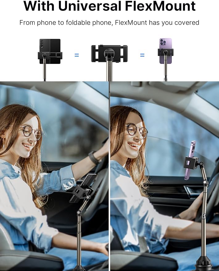 JSAUX Car Cup Holder Phone Mount for Foldable Phones & Mini Tablets | Sturdy Metal Long Arm, Flexible Height and Angle, Adjustable Base, Secure Phone Grip, Fits 2.17-4.33 in Car Cup Holders - Image 2