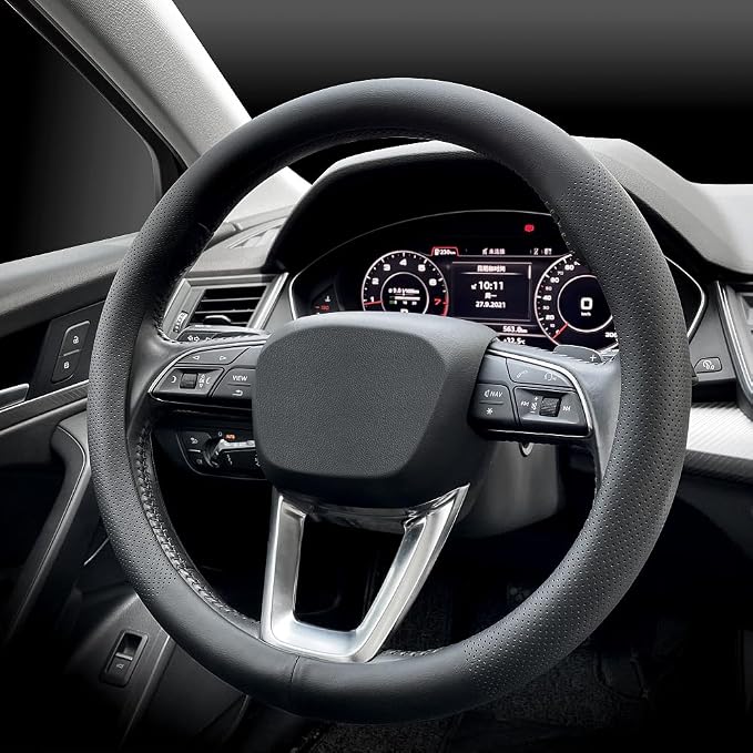 LKWLIKEI Nappa Premium Leather car Steering Wheel Cover, Non-Slip, Breathable, Universal 15 inches, Black. - Image 3