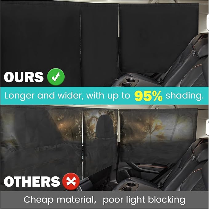 VANPET 99% Light Blocking Car Curtains, 1 Rear Seat Divider Curtain & 2 Rear Side Window Curtains, Car Curtains for Windows, Wide Sedan SUV Sunshade Covers Car Cabana(Extra Large Car Curtains 3 Pcs) - Image 5