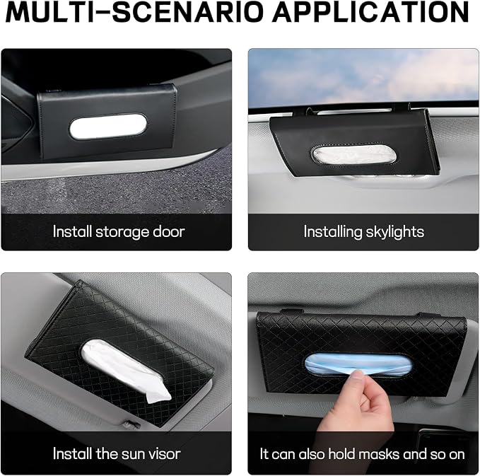Car Tissue Holder, PU Leather Sun Visor Tissue Box (Black) | Wear-Resistant & Waterproof, Napkin & Mask Dispenser, Metal Memory Clips, Easy Refill, Fits Most Vehicles - Image 5