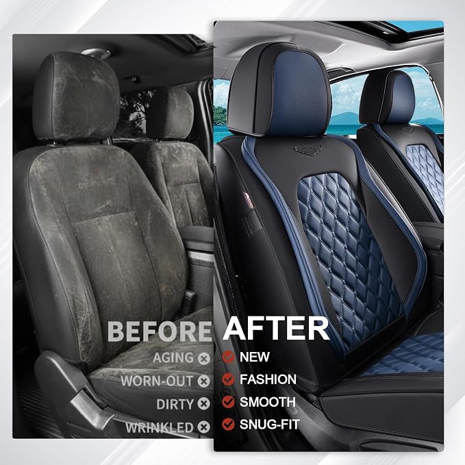 Coverado Universal Car Seat Covers Full Set, Sporty Non-Slip Waterproof Faux Leather Front & Rear Seat Protectors for Trucks SUVs, Mens Automotive Interior – BlackBlue - Image 7
