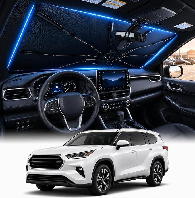 [2026 Upgraded] DooGooCoo Windshield Sun Shade Umbrella for Toyota Highlander 2020-2025 2026 [100% Sunlight Blocked, Cooling Ice Crystal] Sunshade for Car Windshield for Highlander Sun Shade. by DooGooCoo