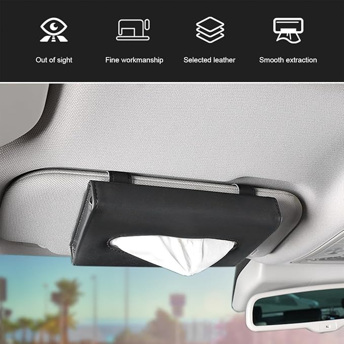 Ohleats Car Tissue Holder, Leather Sun Visor Napkin Holder, Auto Backseat Tissue Mask Case Dispenser for Most Vehicles, Universal Interior Car Accessories Hanging Tissues (Black) - Image 5