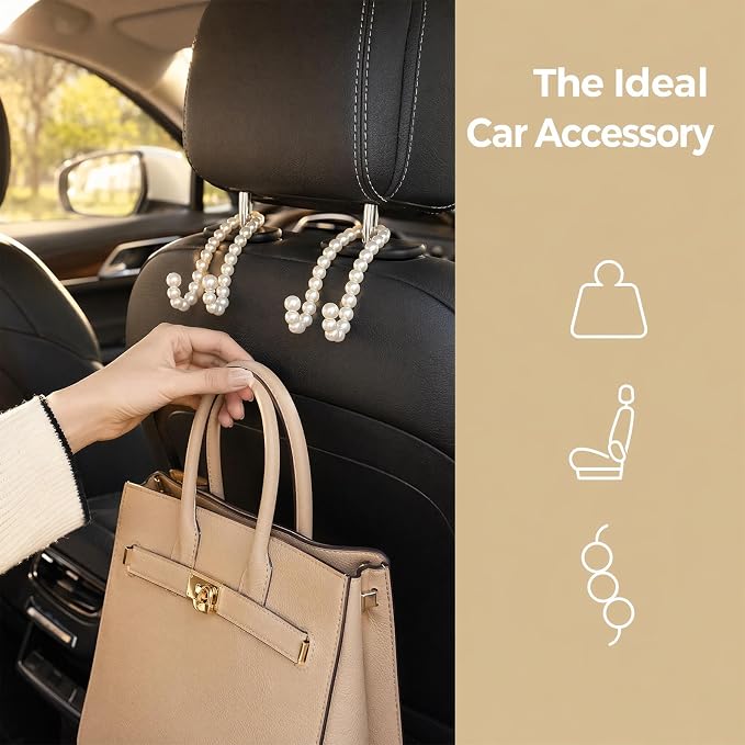 2PCS Elegant Pearl Car Seat Headrest Hook, Cute Seat Pearl Hanger Storage Organizer, Multifunctional Headrest Purse Hook Interior Decoration for Women Girls - Image 6